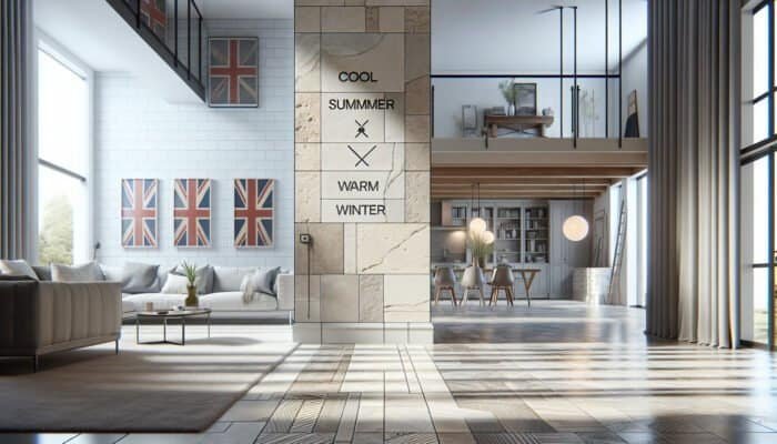 Elegant UK home interior with durable travertine tiles, offering thermal comfort and timeless style.