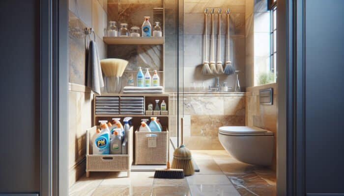 UK bathroom with travertine tiles and cleaning supplies for natural stone care.