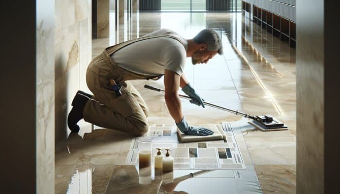 Person cleaning travertine tile floor with tools, showing before-and-after shine and cleanliness.
