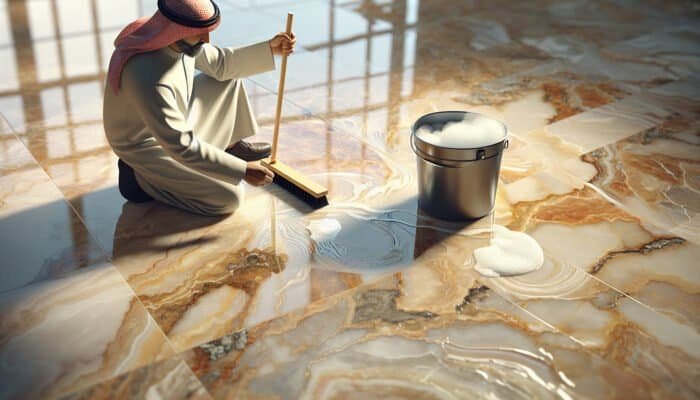 Person cleaning glossy travertine tile floor with soft brush and soapy water, sunlight highlighting patterns.