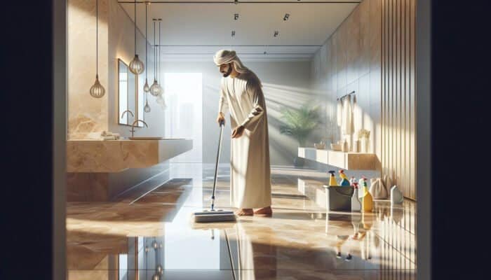 A person cleaning a travertine tile floor in a modern bathroom with sunlight.