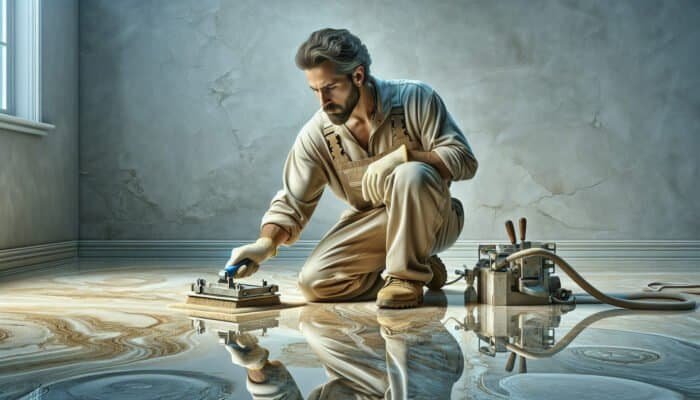 Artisan restoring travertine floors in Mitcham home with specialized tools and techniques.