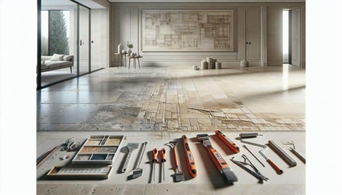 Travertine floor in Mitcham home showing cracks, stains, and unevenness, with repair tools.