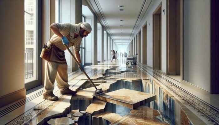 A skilled artisan repairing cracks and chips on travertine floors in a busy Mitcham hallway.