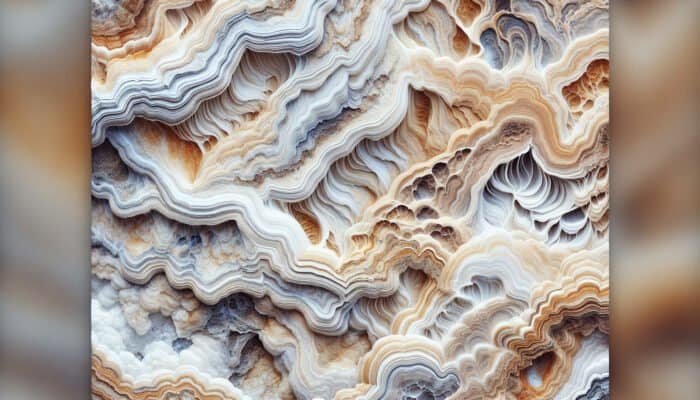 Close-up of travertine stone with sedimentary texture, calcium carbonate, natural voids, and beige to earthy tones.