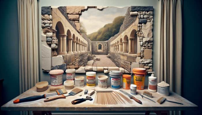 High-quality travertine hole repair fillers on a UK workbench, various types and textures, partially repaired wall background.