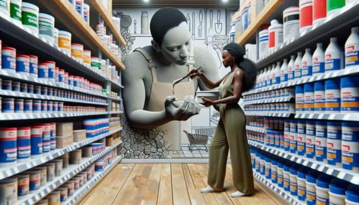 UK homeowner using affordable cement-based filler for travertine holes in a well-lit hardware store.