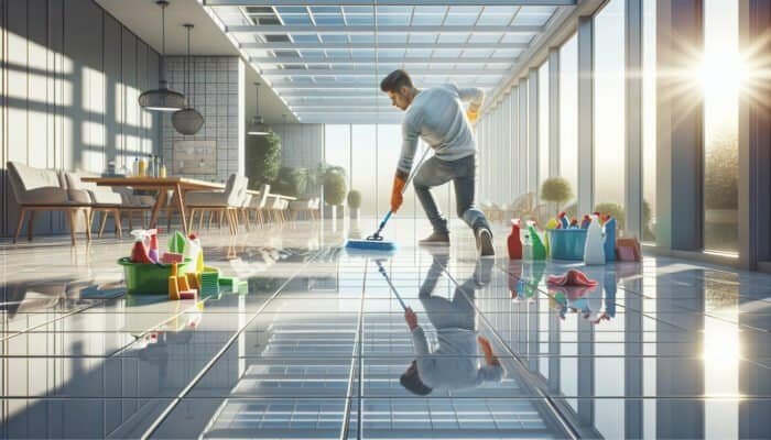 A professional cleaner scrubbing large tile floors in a sunlit conservatory, showing cleaning effort and scale.
