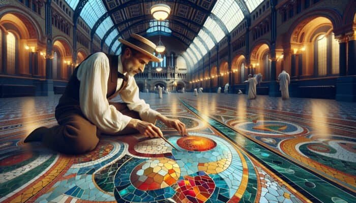 19th-century Italian craftsman laying vibrant terrazzo flooring in Battersea's opulent public building.