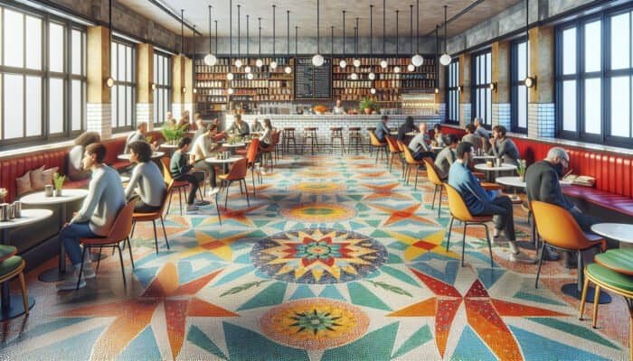 A bustling Battersea café with a beautifully restored terrazzo floor and satisfied customers.