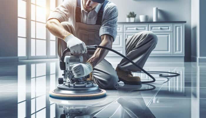 Professional polishing porcelain floor with diamond pads, restoring lustre and eliminating scratches.