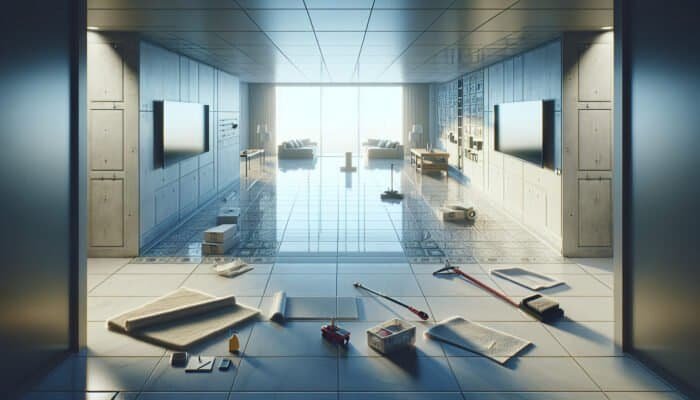 Clean porcelain tiles in an empty room, ready for polishing, with cleaning tools and covers nearby.