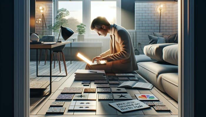 A person using a laptop to research polishing companies, with floor samples and review sites open, in a modern home.