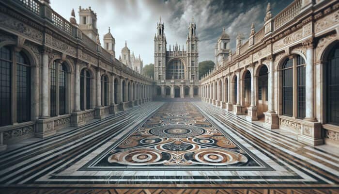 Restored marble floor in Morden Park, UK, with intricate designs, British Museum and Westminster Abbey in background.