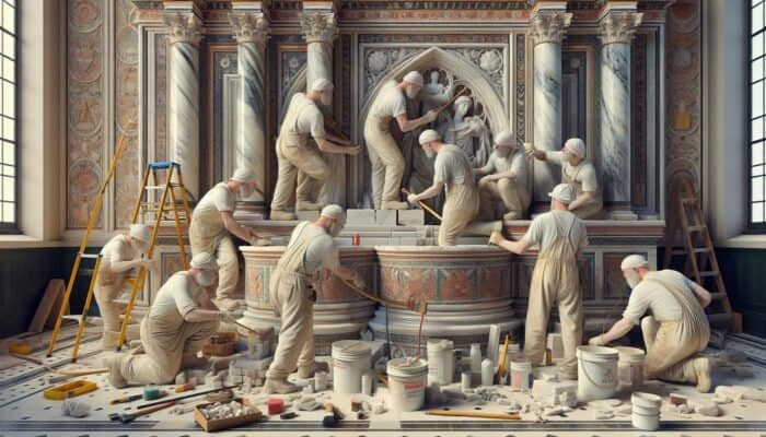 Workers using traditional techniques to restore a historic UK building, preserving its authenticity and historical context.