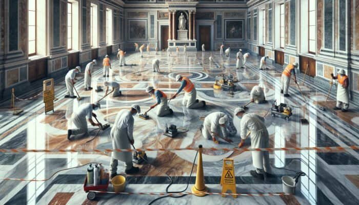 Meticulous cleaning and honing of historic marble floors at Buckingham Palace, blending traditional and modern techniques.