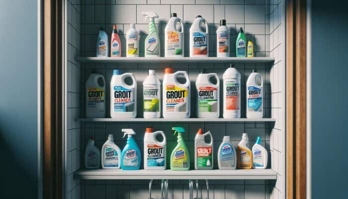 Various grout cleaners on a bathroom shelf, labeled for mineral deposits, grease, and mildew.