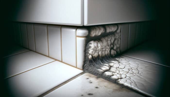Close-up of kitchen tile grout showing clean and moldy areas, emphasizing cleaning importance.
