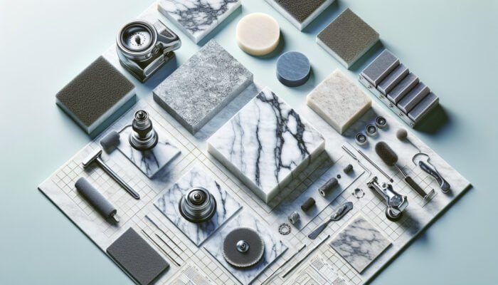 A comparison of polished and textured marble slabs with different abrasives and polishing equipment.