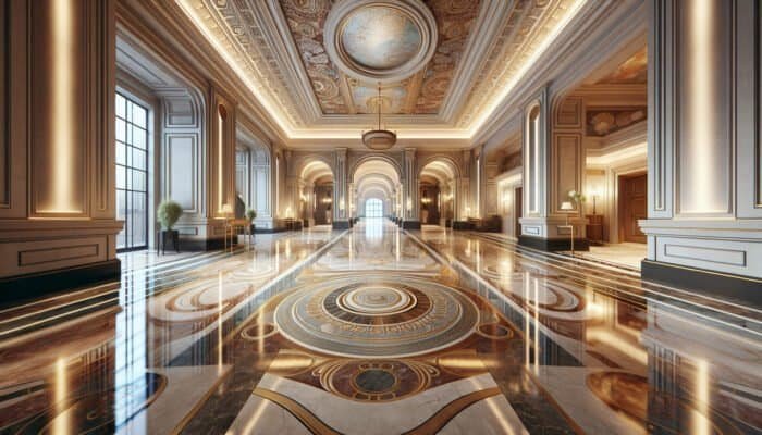 Polished limestone flooring in a grand entrance hall, reflecting light and enhancing the luxurious atmosphere.