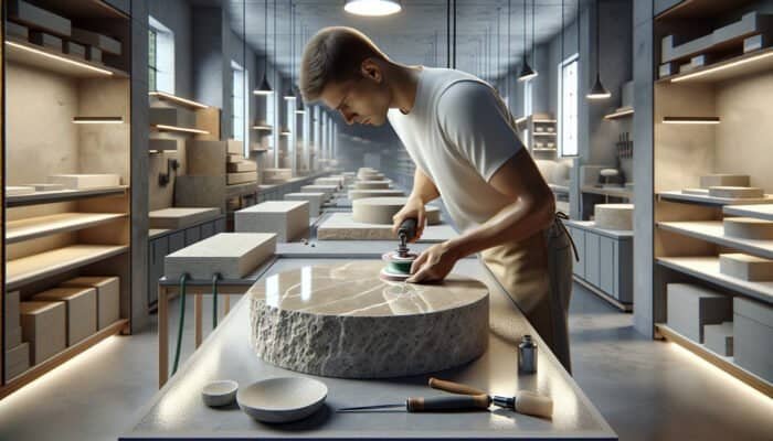 A skilled artisan polishing a gleaming limestone surface in a well-lit workshop with various tools and samples.