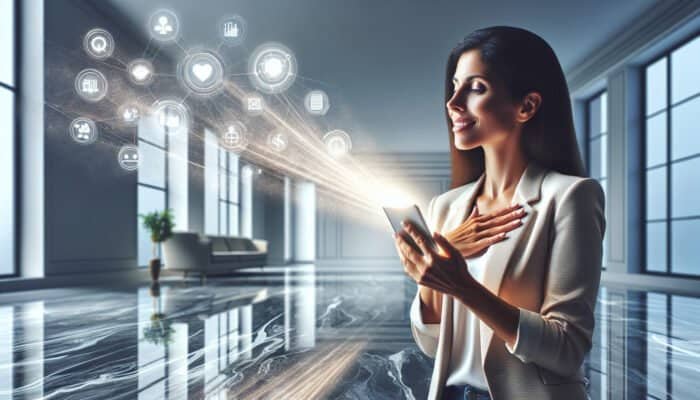 A person smiling while reading positive customer reviews on a smartphone, with a reflective limestone floor in a modern room.