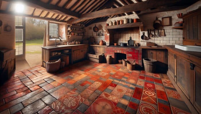 Rustic kitchen floor with terracotta tiles in warm red and ochre hues, showcasing aged patina in an old UK cottage.