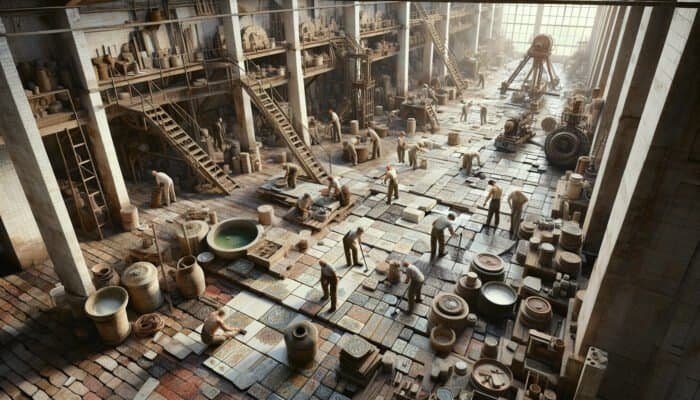 Workers cleaning and polishing aged, cracked quarry tiles in a rustic setting with tools and machinery.