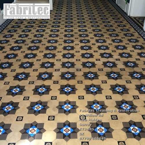Picture showing Victorian Tiles Tretoration work by Fabritec, Tile Cleaning Surrey in Chesssington