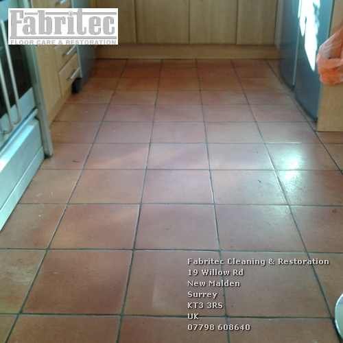 Scrubbing terracotta floors in Cobham by Tile Cleaning Surrey