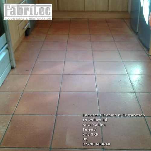 Scrubbing terracotta floors in Oxshott by Tile Cleaning Surrey