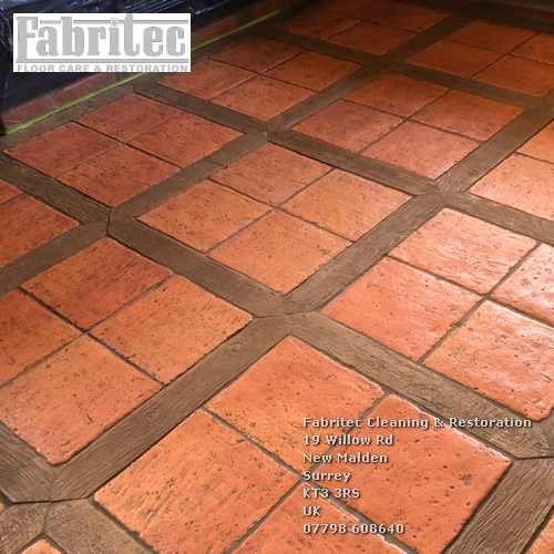Scrubbing terracotta floors in Surbiton by Tile Cleaning Surrey