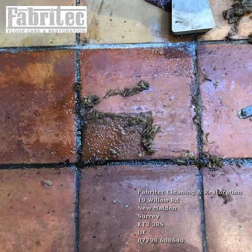 Scrubbing terracotta floors in Mitcham by Tile Cleaning Surrey