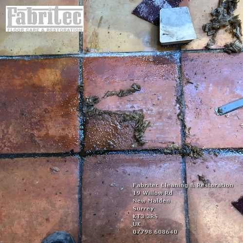 Unattractive Sealer And Polish Deposits On Terracotta tile floor in Hounslow