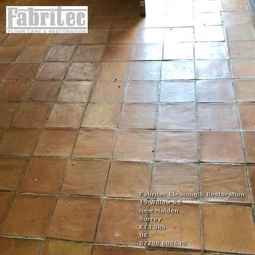 Unpleasant Sealer And Polish Residue On Terracotta tile floor in Surbiton