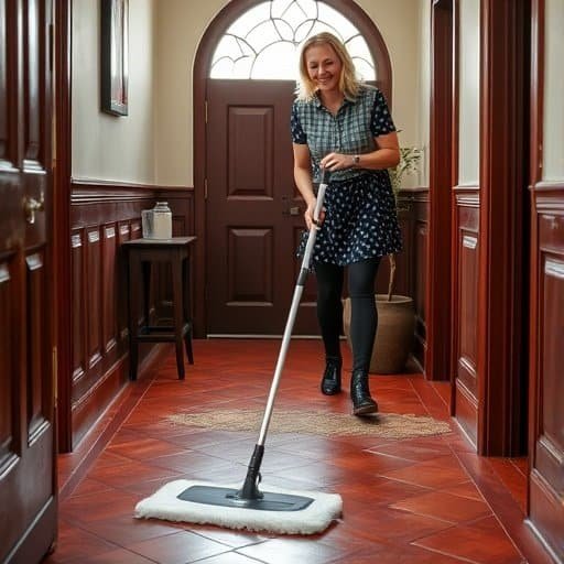 lady mopping red quarry tile floor