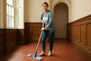 lady smiling cleaning quarry tile floor