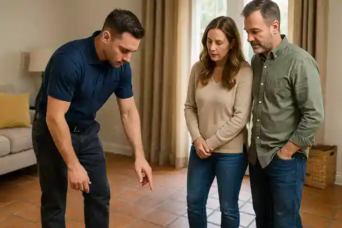 technician explaining process for polishing terracotta tiles